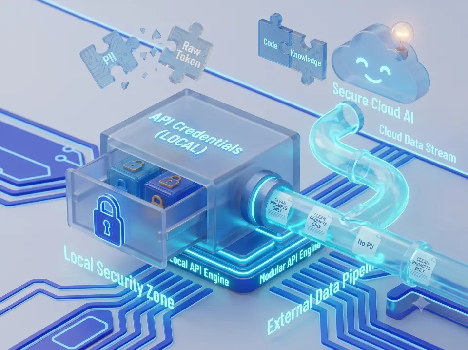 API keys locked in a local drawer while only clean prompts flow out to a cloud AI