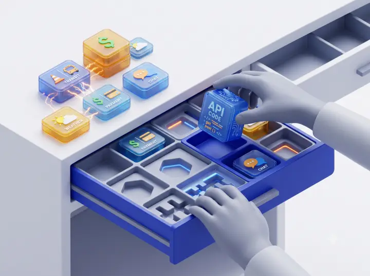 Hands sorting API blocks into a desk drawer