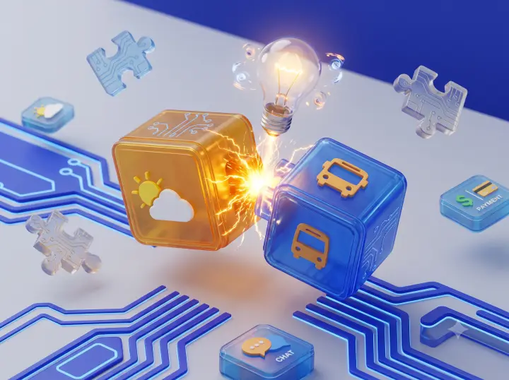 A weather block and a transit block colliding and lighting up a light bulb