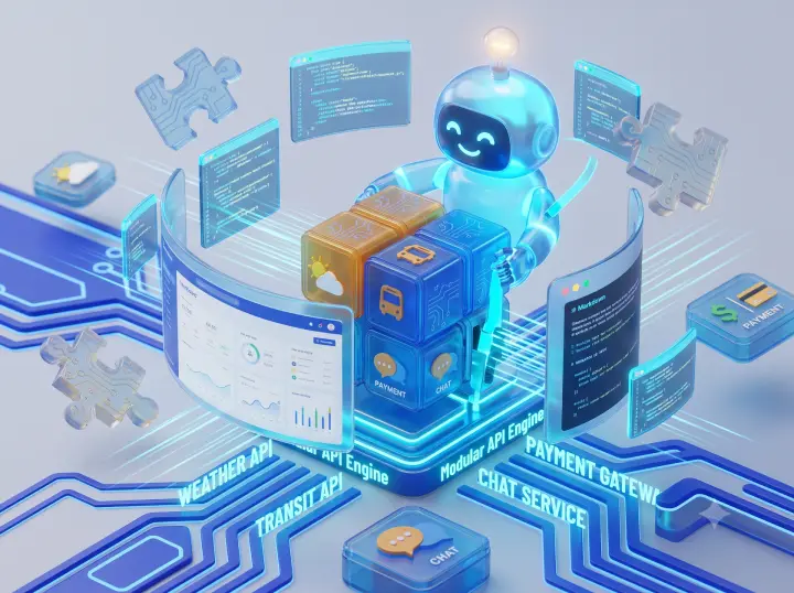 An AI robot stacking API blocks into a working app, surrounded by code and a dashboard